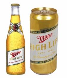 A picture containing a can and a bottle of Miller High Life branded beer.