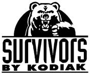 An angry bear with teeth raising its left paw with claws above the words "SURVIVORS" on one line and "BY KODIAK" on the next line.