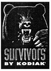An angry bear with teeth raising its left paw with claws above the words "SURVIVORS" on one line and "BY KODIAK" on the next line.