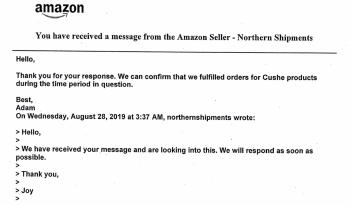 Email from Northern Shipments states "We can confirm that we fulfilled orders for Cushe products during the time period in question".