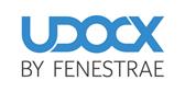 Logo displaying the term UDOCX in large, blue colored font, above the terms "BY FENESTRAE" displayed in smaller, black colored font
