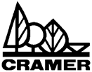Groups of trees or of bushes of different shapes in stylized form and one triangle pointing downwards on a thick line with the word cramer underneath