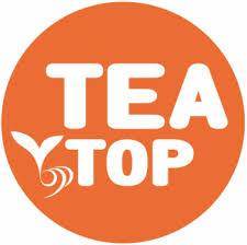 The word TEA above the word TOP both written in white in a solid orange circle with two stylized leaves to the left of the word TOP 