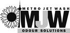 The words Metro Jet Wash appear above the letters MJW and the words Odour Solutions appear below the letters MJW. The design of a tower appears to the left of the letters and the words and the design of a flower appears to the left of the tower.