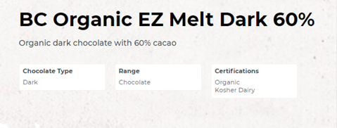 Excerpt From website showing BC Organic EZ Melt Dark 60%.