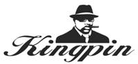 Design of a person wearing a suit and hat and smoking a cigar. The word "KINGPIN" appears below the design  