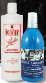 A bottle of hair cream and a bottle of aftershave bearing the Mark.