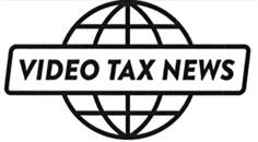 A globe design with latitude and longitude with an outline rectangle containing the words "VIDEO TAX NEWS" in the middle. The word "EST'" and the year 1980 are missing.