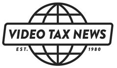 A globe design with latitude and longitude with an outline rectangle containing the words "VIDEO TAX NEWS" in the middle. Below the outline rectangle the word "EST"" appears on the left side of the globe and the year 1980 on its right side. 