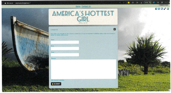 a screenshot of a webpage with the words "America's Hottest Girl - who is it?" displayed at the top of the page. Underneath the words is a "contact us" form that can be filled out and submitted.