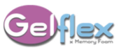 The word "GELFLEX".  "GEL" is written in white letters over a purple circle. "FLEX" is written in blue letters over a white background. Below "FLEX" the words "Memory Foam" are written in smaller font.
