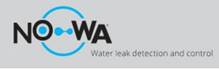 Les mots "NO" et "WA" relié par un cercle  de la lettre O à A contenant trois points. Au dessous, se retrouve la phrase suivante: "Water leak detection and control"