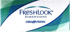 FreshLook followed by the symbol R in a circle appears under an arc design and above the word Dimension.  Ciba Vision appears further down.