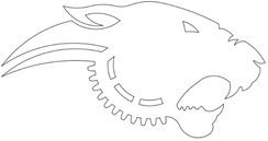 The logo consists of a feline head with a gear as part of his jaw. 
