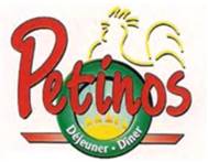 Le mot Petinos avec un coq en arrière-plan et un élément rond contenant les mots Déjeuner – Diner au milieu