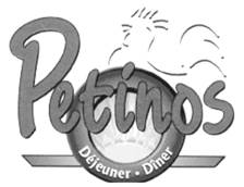 Le mot Petinos avec un coq en arrière-plan et un élément rond contenant les mots Déjeuner – Diner au milieu