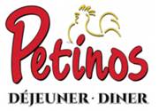 Le mot Petinos avec un coq en arrière-plan et les mots Déjeuner – Diner en bas