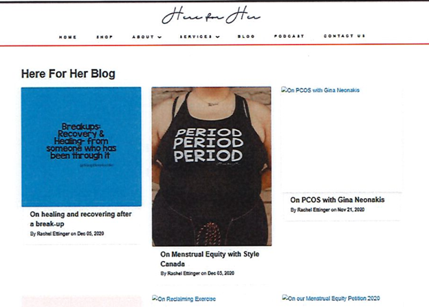 A screenshot of a website showing HERE FOR HER and blogs involving healing after a break-up, menstrual equality and PCOS.