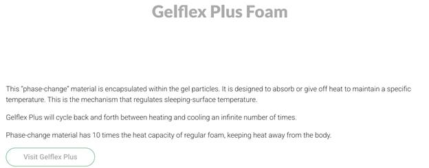 Image of a text entitled "Gelflex Plus Foam" that reads: "This 'phase change' material is encapsulated within the gel particles. It is designed to absorb or give off heat to maintain a specific temperature. This is the mechanism that regulates sleeping surface temperature.
Gelflex Plus will cycle back and forth between heating and cooling an infinite number of times.
Phase change material has 10 times the heat capacity of regular foam, keeping heat away from the body".
A link button "Visit Gelflex Plus" appears under the text.
