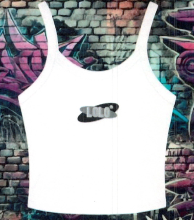 A white tank top featuring a central logo consisting of the word "LoLo®" in light text over a black oval shape.