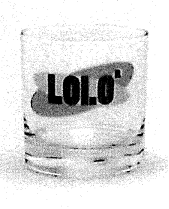 A small, clear glass with "LOLO®" printed on the front in bold black lettering over a black oval shape.