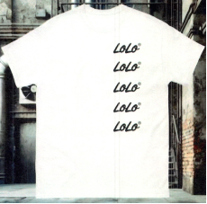 A white t-shirt with five vertically stacked stylized repetitions of LoLo® appearing along the right side of the shirt.  